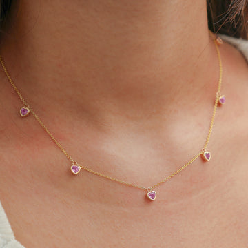 Pink Sapphire Bezel Set Heart Shape Chain Necklace