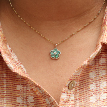 Emerald Round and Diamond Floral Pendant
