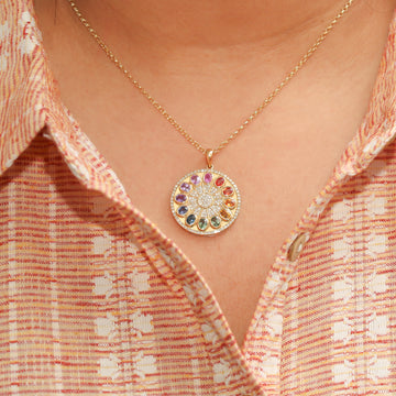 Rainbow Sapphire Oval Diamond Disc Necklace