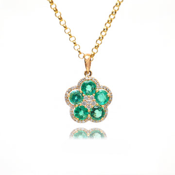 Emerald Round and Diamond Floral Pendant
