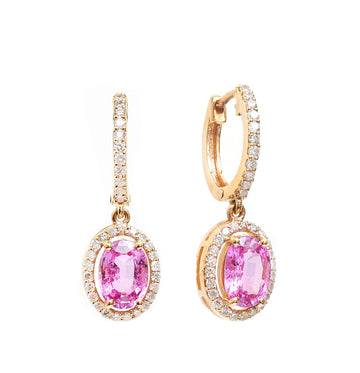 Pink Sapphire Oval Diamond Halo Drop Earrings