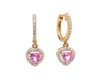 Pink Sapphire Heart Halo Diamond Mini Huggies Earrings
