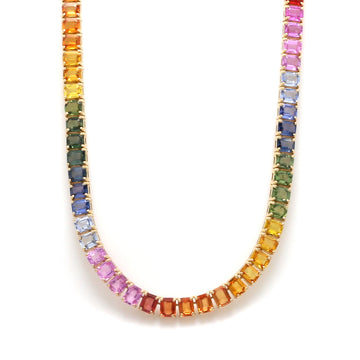 Rainbow Sapphire Emerald Cut Tennis Necklace