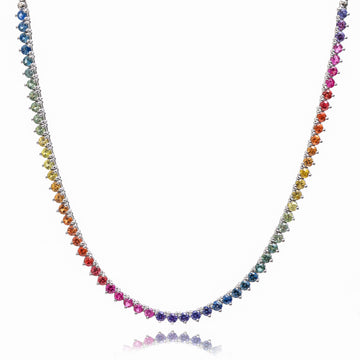 Rainbow Sapphire Vibrant Three Prong Tennis Necklace