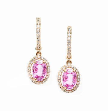 Pink Sapphire Oval Diamond Halo Drop Earrings